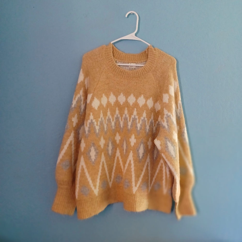 Tan, grey, and white, crew neck sweater.